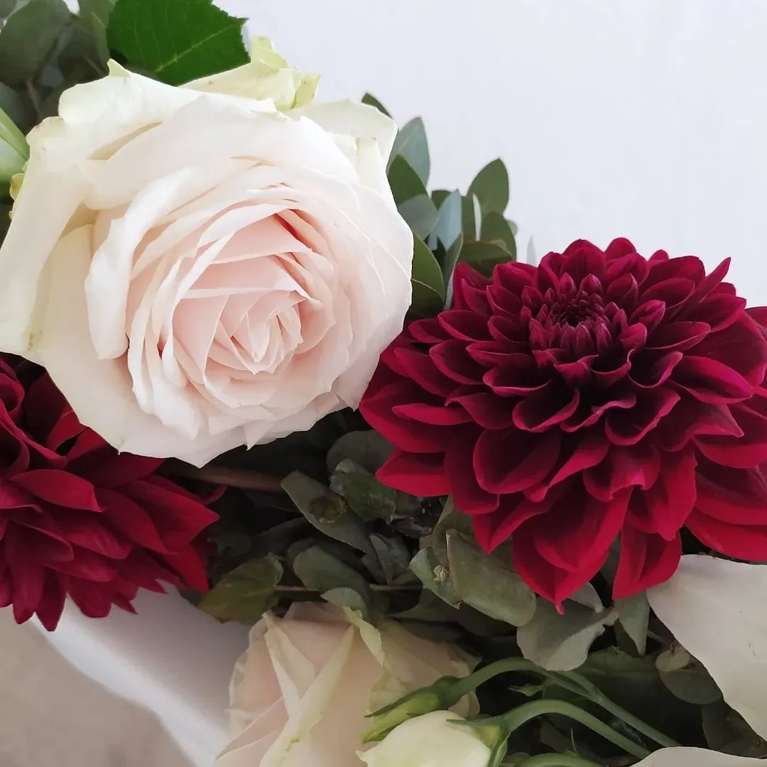 Rose cipria e dalie bordeaux, dettaglio di una composizione floreale